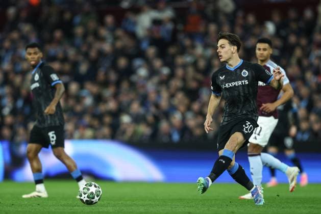 Club s Ardon Jashari pictured in action during a game between English club Aston Villa and Belgian soccer Club Brugge KV, Wednesday 12 March 2025 in Birmingham, United Kingdom, the second leg of the 1 8 finals of the UEFA Champions League knockout phase. BRUNOxFAHY  x114808973x