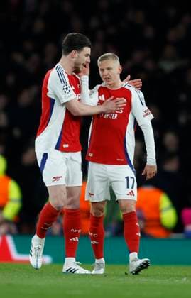 Arsenal FC v PSV Eindhoven - UEFA Champions League 2024 25 Round of 16 Second Leg Declan Rice of Arsenal and Oleksandr Zinchenko of Arsenal celebrates 1st goal during the UEFA Champions League 2024 25 UEFA Champions League 2024 25 Round of 16 Second Leg match between Arsenal FC and PSV at Emirates Stadium on March 12, 2025 in London, England. London Emirates Stadium England United Kingdom Copyright: xNigelxFrench Sportsphoto APLx 14061012