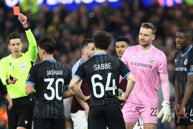 Club s Kyriani Sabbe receives a red card from the referee during a game between English club Aston Villa and Belgian soccer Club Brugge KV, Wednesday 12 March 2025 in Birmingham, United Kingdom, the second leg of the 1 8 finals of the UEFA Champions League knockout phase. BRUNOxFAHY  x114810501x