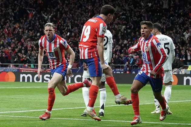 ATLETICO DE MADRID v REAL MADRID CF. CHAMPIONS LEAGUE 2024 2025. ROUND OF 16. 2ND LEG MATCH. Atletico de Madrid s Conor Gallagher, Julian Alvarez and Giuliano Simeone celebrate goal during Champions League 2024 2025 Round of 16 2nd leg match. March 12,2025. (ALTERPHOTOS Acero) MadridSpain  Copyright: xAcerox