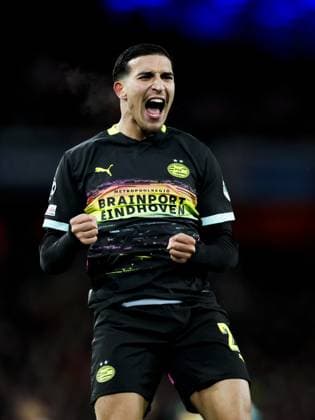 LONDON - Couhaib Driouech of PSV Eindhoven celebrates the 2-2 during the UEFA Champions league match between Arsenal FC and PSV Eindhoven at Emirates Stadium on March 12, 2025 in London, England. ANP KOEN VAN WEEL UEFA Champions League 2024 25 Round of 16 Second Leg 2024 25 xVIxANPxSportx xxANPxIVx 522220094 originalFilename: 522220094.jpg
