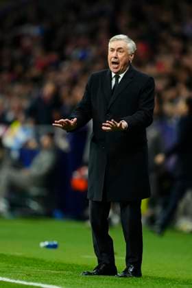 Atletico de Madrid v Real Madrid C.F. - UEFA Champions League 2024 25 Round of 16 Second Leg Carlo Ancelotti head coach of Real Madrid reacts during the UEFA Champions League 2024 25 UEFA Champions League 2024 25 Round of 16 second leg match between Atletico de Madrid and Real Madrid C.F. at Estadio Riyadh Air Metropolitano on March 12, 2025 in Madrid, Spain. Madrid Spain  Copyright: xJosexBretonx originalFilename:bretonhernandez-atletico250312_npxWd.jpg