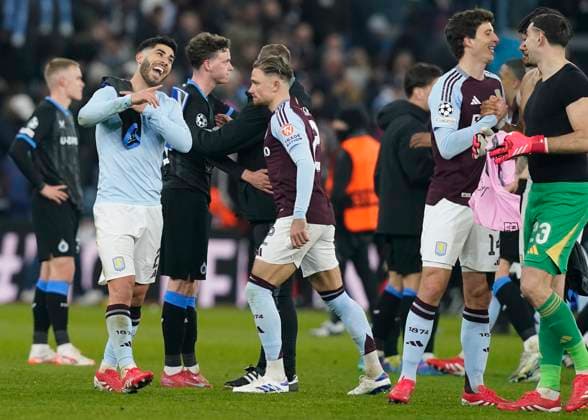 Birmingham, England, 12th March 2025. Marco Asensio (L) of Aston Villa celebrates with team mates after the UEFA Champions League match Aston Villa v Club Brugge at Villa Park, Birmingham. Picture credit should read: Andrew Yates Sportimage EDITORIAL USE ONLY. No use with unauthorised audio, video, data, fixture lists, club league logos or live services. Online in-match use limited to 120 images, no video emulation. No use in betting, games or single club league player publications. SPI_060_AY_Villa_Brugge SPI-3740-0060
