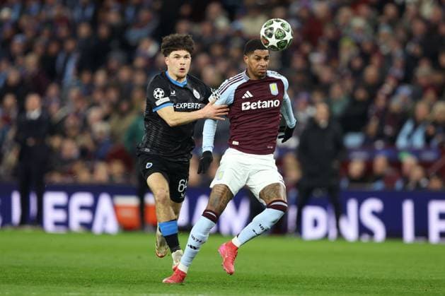 Aston Villa v Club Brugge 12 March 2025, Aston - UEFA Champions League, Round of 16, Second Leg - Aston Villa v Club Brugge - Kyriani Sabbe of Club Brugge fouls Marcus Rashford of Aston Villa and is subsequently sent off - Photo: Charlotte Wilson Offside. Aston UK Copyright: xCharlottexWilsonx xOffsidexOffside
