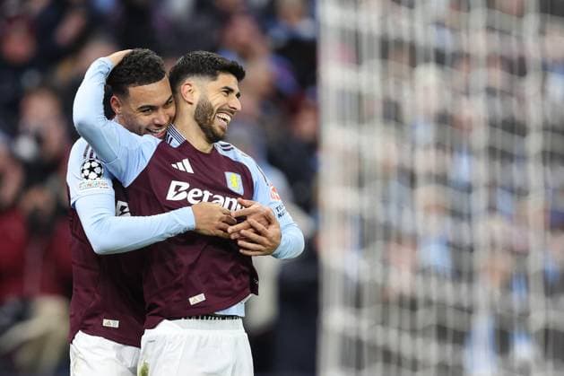 Aston Villa v Club Brugge 12 March 2025, Aston - UEFA Champions League, Round of 16, Second Leg - Aston Villa v Club Brugge - Marco Asensio of Aston Villa celebrates scoring their 3rd goal with Morgan Rogers - Photo: Charlotte Wilson Offside. Aston UK Copyright: xCharlottexWilsonx xOffsidexOffside
