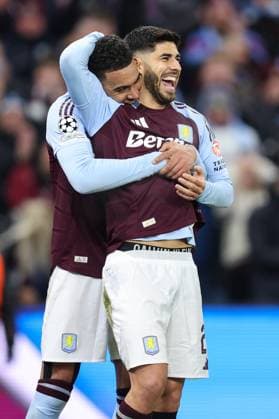 Aston Villa v Club Brugge 12 March 2025, Aston - UEFA Champions League, Round of 16, Second Leg - Aston Villa v Club Brugge - Marco Asensio of Aston Villa celebrates scoring their 3rd goal with Morgan Rogers - Photo: Charlotte Wilson Offside. Aston UK Copyright: xCharlottexWilsonx xOffsidexOffside