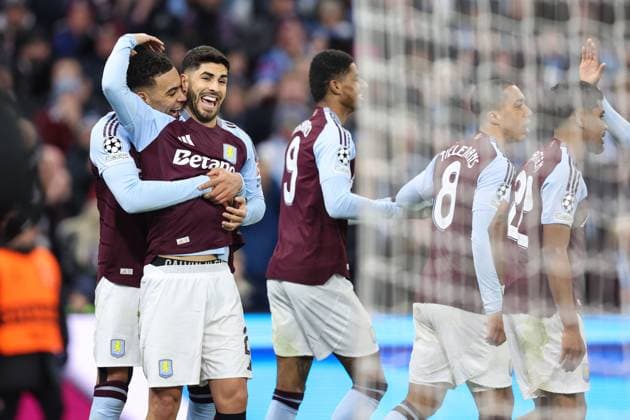 Aston Villa v Club Brugge 12 March 2025, Aston - UEFA Champions League, Round of 16, Second Leg - Aston Villa v Club Brugge - Marco Asensio of Aston Villa celebrates scoring their 3rd goal with Morgan Rogers - Photo: Charlotte Wilson Offside. Aston UK Copyright: xCharlottexWilsonx xOffsidexOffside