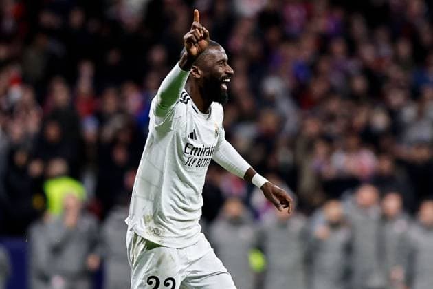 Antonio Rüdiger of Real Madrid celebrates scoring the winning penalty Atletico Madrid v Real Madrid, UEFA Champions League, Round of 16, Second Leg, Football, Riyadh Air Metropolitano Stadium, Madrid, Spain - 12 Mar 2025 EDITORIAL USE ONLY No use with unauthorised audio, video, data, fixture lists, club league logos or live services. Online in-match use limited to 120 images, no video emulation. No use in betting, games or single club league player publications. Copyright: xRubenxAlbarran Shutterstockx 15188186bv