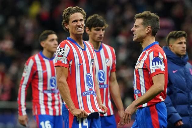 ATLETICO DE MADRID v REAL MADRID CF. CHAMPIONS LEAGUE 2024 2025. ROUND OF 16. 2ND LEG MATCH. Atletico de Madrid s Nahuel Molina, Marcos Llorente, Robin Le Normand, Cesar Azpilicueta and Giuliano Simeone dejected after Champions League 2024 2025 Round of 16 2nd leg match. March 12,2025. (ALTERPHOTOS Acero) MadridSpain  Copyright: xAcerox