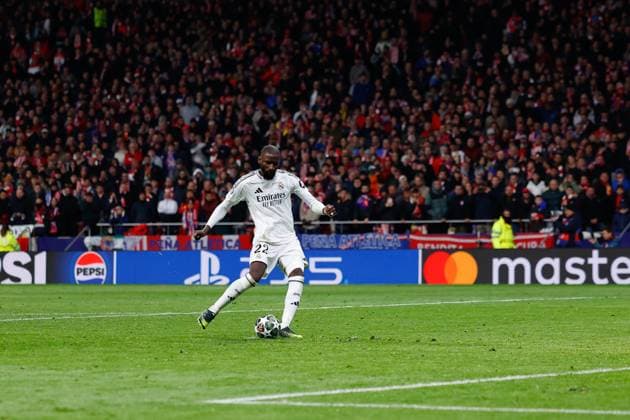 March 13, 2025, Madrid, Madrid, SPAIN: Antonio Rudiger of Real Madrid scores a penalty goal during the UEFA Champions League 2024 25 League Round of 16 Second Leg match between Atletico de Madrid and Real Madrid CF, at Riyadh Air Metropolitano stadium on March 12, 2025, in Madrid, Spain. Madrid SPAIN - ZUMAa181 20250313_zaa_a181_021 Copyright: xDennisxAgyemanx