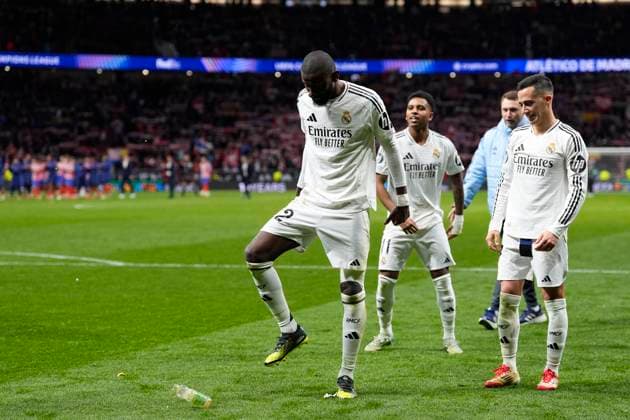 March 12, 2025, Madrid, Madrid, SPAIN: Antonio Rudiger of Real Madrid celebrates the victory in the penalty shootout during the UEFA Champions League 2024 25 League Round of 16 Second Leg match between Atletico de Madrid and Real Madrid CF, at Riyadh Air Metropolitano stadium on March 12, 2025, in Madrid, Spain. Madrid SPAIN - ZUMAa181 20250312_zaa_a181_203 Copyright: xOscarxJ.xBarrosox