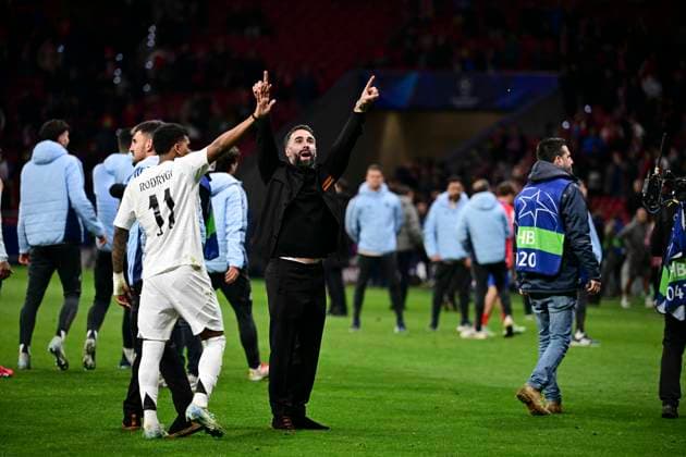 Dani Carvajal 2 ( Madrid ) jubelt, Atletico Madrid vs. Real Madrid , Fussball, Champions League, Achtelfinale Rueckspiel, 12.03.2025 Madrid Madrid Spanien