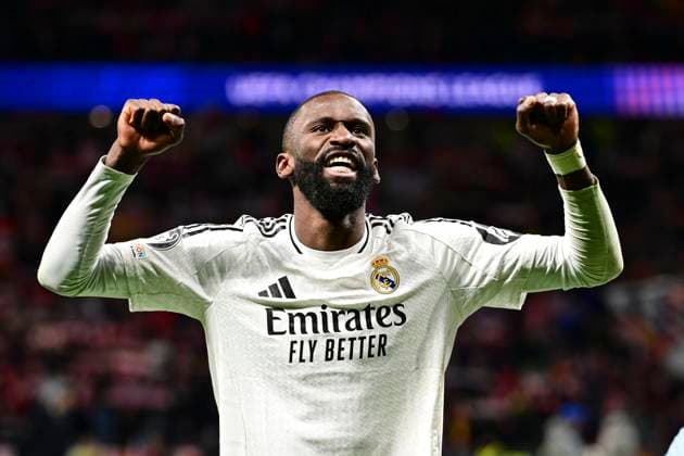 Antonio Ruediger 22 ( Madrid ) feiert den Sieg, Atletico Madrid vs. Real Madrid , Fussball, Champions League, Achtelfinale Rueckspiel, 12.03.2025 Madrid Madrid Spanien