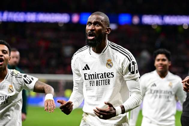 Antonio Ruediger 22 ( Madrid ) feiert den Sieg, Atletico Madrid vs. Real Madrid , Fussball, Champions League, Achtelfinale Rueckspiel, 12.03.2025 Madrid Madrid Spanien