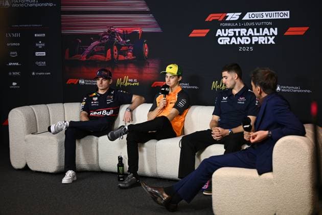 AUSTRALIAN GRAND PRIX, (L-R) Max Verstappen of Red Bull Racing, Oscar Piastri of McLaren and Jack Doohan of Alpine during a drivers press conference, PK, Pressekonferenz at Albert Park Circuit in Melbourne, Victoria, Thursday, March 13, 2025. ( NO ARCHIVING, EDITORIAL USE ONLY, NO USE IN BOOKS WITHOUT CONSENT Melbourne Victoria Australia Copyright: xJoelxCarrettx 20250313116598499928