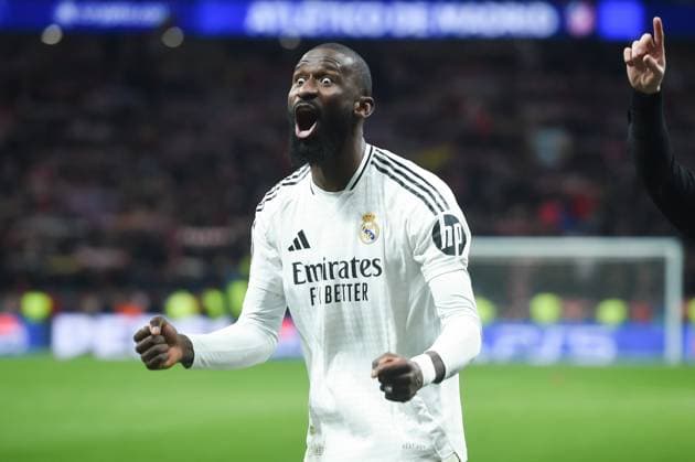 (250313) -- MADRID, March 13, 2025 -- Antonio Rudiger of Real Madrid celebrates after the UEFA Champions League Round of 16 second leg football match between Atletico de Madrid and Real Madrid in Madrid, Spain, on March 12, 2025. (Photo by Xinhua) (SP)SPAIN-MADRID-FOOTBALL-UEFA CHAMPIONS LEAGUE-ATLETICO DE MADRID VS REAL MADRID GustavoxValiente 