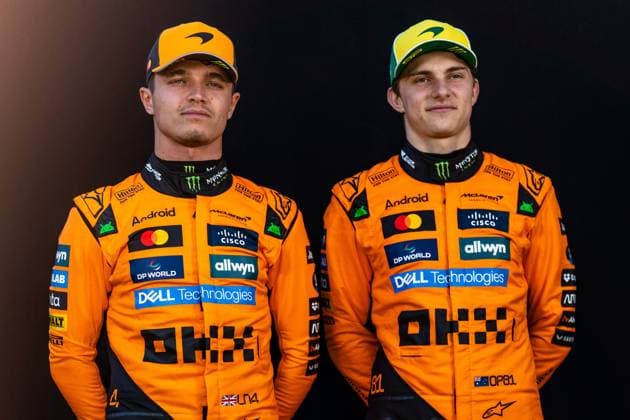 March 13, 2025, Melbourne, Victoria, Australia: McLaren Formula 1 Team drivers OSCAR PIASTRI of Australia and LANDO NORRIS of the United Kingdom pose for driver portraits on Thursday at the Formula 1 Louis Vuitton Australian Grand Prix 2025 on March 13, 2025 in Melbourne, Australia. Melbourne Australia - ZUMAf186 20250313_zsp_f186_088 Copyright: xJamesxForresterx