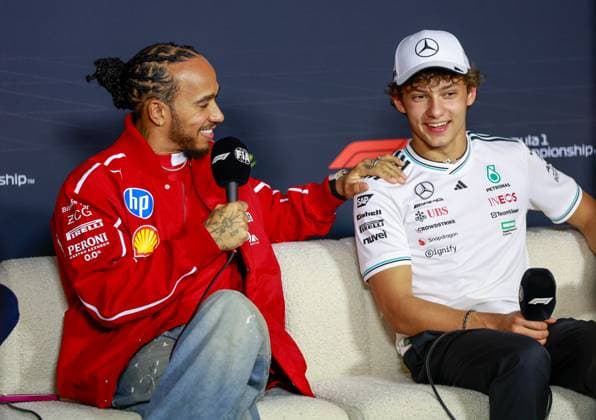 44 Lewis Hamilton (GBR, Scuderia Ferrari HP), 12 Andrea Kimi Antonelli (ITA, Mercedes-AMG Petronas F1 Team), F1 Grand Prix of Australia at Albert Park Grand Prix Circuit on March 13, 2025 in Melbourne, Australia. (Photo by HOCH ZWEI) Melbourne Australia
