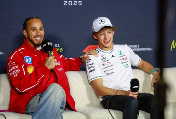 44 Lewis Hamilton (GBR, Scuderia Ferrari HP), 12 Andrea Kimi Antonelli (ITA, Mercedes-AMG Petronas F1 Team), F1 Grand Prix of Australia at Albert Park Grand Prix Circuit on March 13, 2025 in Melbourne, Australia. (Photo by HOCH ZWEI) Melbourne Australia