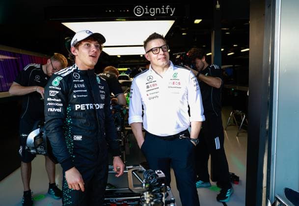 12 Andrea Kimi Antonelli (ITA, Mercedes-AMG Petronas F1 Team), Peter Bonnington (GBR, Mercedes-AMG Petronas F1 Team), F1 Grand Prix of Australia at Albert Park Grand Prix Circuit on March 13, 2025 in Melbourne, Australia. (Photo by HOCH ZWEI) Melbourne Australia
