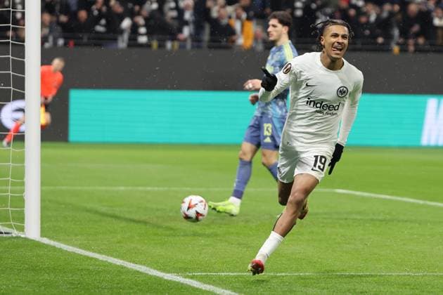 Schneller Führungstreffer, Jean-Matteo Bahoya (Eintracht Frankfurt , Nr. 19) als Torschütze zum 1:0 jubelt, Torjubel, Tor zum 1:0 , Eintracht Frankfurt - Ajax Amsterdam, Fussball, UEFA Europa League , UEL, Saison 2024 2025, Achtelfinale , 1Rückspiel, 3.03.2025, -