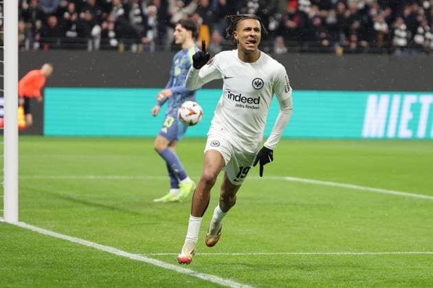 Schneller Führungstreffer, Jean-Matteo Bahoya (Eintracht Frankfurt , Nr. 19) als Torschütze zum 1:0 jubelt, Torjubel, Tor zum 1:0 , Eintracht Frankfurt - Ajax Amsterdam, Fussball, UEFA Europa League , UEL, Saison 2024 2025, Achtelfinale , 1Rückspiel, 3.03.2025, -
