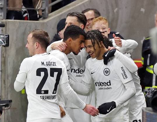 13.03.2025, xovx, Fußball UEFA Europa League, Eintracht Frankfurt - Ajax Amsterdam Jubel nach dem Tor zum 1:0 durch Jean-Matteo Bahoya (Eintracht Frankfurt) (DFL DFB REGULATIONS PROHIBIT ANY USE OF PHOTOGRAPHS as IMAGE SEQUENCES and or QUASI-VIDEO) emspor Frankfurt am Main
