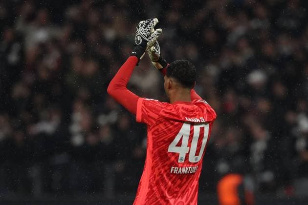 2025.03.13 xJAx UEFA EUROPA LEAGUE Eintracht Frankfurt - AFC Ajax Amsterdam v.l.,Torwart Kaua Morais dos Santos (Eintracht Frankfurt) Torjubel, Goal celebration, celebrate the goal (DFL DFB REGULATIONS PROHIBIT ANY USE OF PHOTOGRAPHS as IMAGE SEQUENCES and or QUASI-VIDEO) Copyright: JoaquimxFerreira