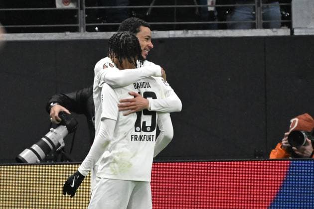 13.03.2025, xjhx, Fussball UEFA Europa League, Eintracht Frankfurt - Ajax Amsterdam v.l. Torjubel nach dem Tor zum celebrating the goal celebrate 1:0 durch Jean-Matteo Bahoya (Eintracht Frankfurt) (DFL DFB REGULATIONS PROHIBIT ANY USE OF PHOTOGRAPHS as IMAGE SEQUENCES and or QUASI-VIDEO) Frankfurt am Main