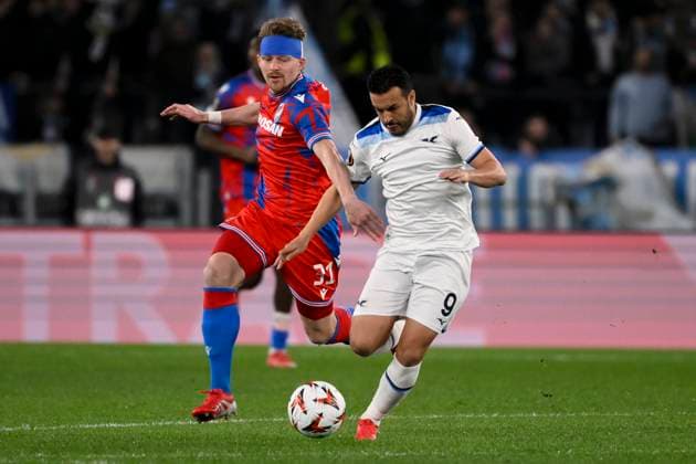Pavel Sulc of Viktoria Plzen and Pedro Eliezer Rodriguez Ledesma of SS Lazio during the Europa League football match between SS Lazio and Viktoria Plzen at Olimpico stadium in Rome (Italy), March 13, 2025. AndreaxStaccioli