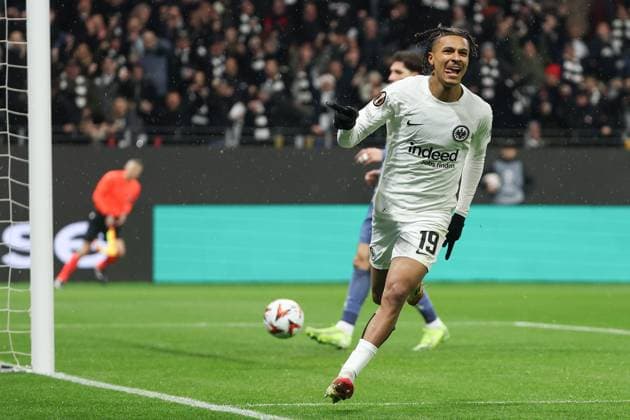 UEFA Europa League - Eintracht Frankfurt - Ajax Amsterdam am 13.03.2025 im Deutsche Bank Park in Frankfurt Jubel, Torjubel, Torschuetze, Torschütze Jean Matteo Bahoya (Frankfurt 19) jubelt nach seinem Tor zum 1 zu 0