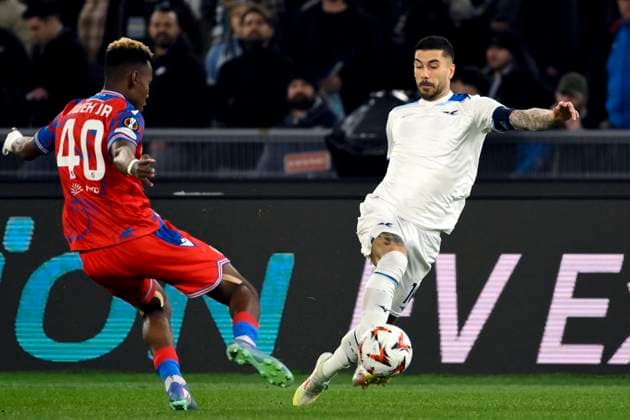 Sampson Dweh of Viktoria Plzen and Mattia Zaccagni of SS Lazio during the Europa League football match between SS Lazio and Viktoria Plzen at Olimpico stadium in Rome (Italy), March 13, 2025. AndreaxStaccioli