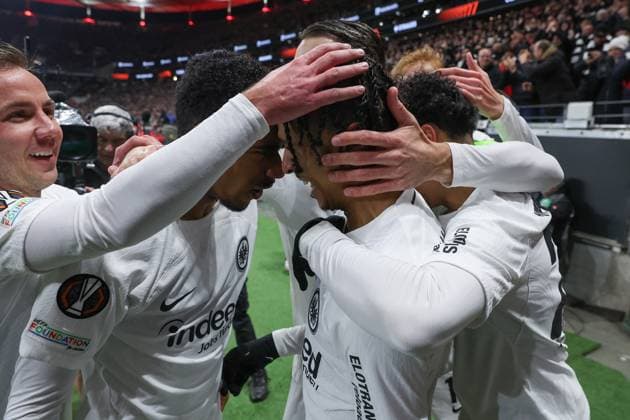UEFA Europa League - Eintracht Frankfurt - Ajax Amsterdam am 13.03.2025 im Deutsche Bank Park in Frankfurt Jubel, Torjubel, Torschuetze, Torschütze Jean Matteo Bahoya (Frankfurt 19) jubelt nach seinem Tor zum 1 zu 0 mit Ansgar Knauff (Frankfurt 36) , Mario Götze Goetze Gotze (Frankfurt 27)