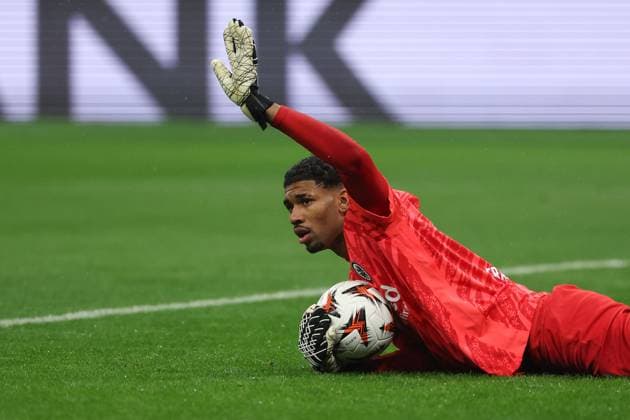 2025.03.13 xJAx UEFA EUROPA LEAGUE Eintracht Frankfurt - AFC Ajax Amsterdam v.l.,Torwart Kaua Morais dos Santos (Eintracht Frankfurt) in aktion, in action, (DFL DFB REGULATIONS PROHIBIT ANY USE OF PHOTOGRAPHS as IMAGE SEQUENCES and or QUASI-VIDEO) Copyright: JoaquimxFerreira