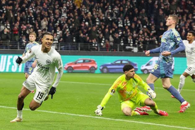 1:0 in der 7. Minute durch Jean-MattÃ o Bahoya (Eintracht Frankfurt 19), Eintracht Frankfurt vs Ajax Amsterdam, Fussball, UEFA Europa League, Achtelfinale, Rueckspiel, 13.03.2025 Frankfurt Hessen Deutschland
