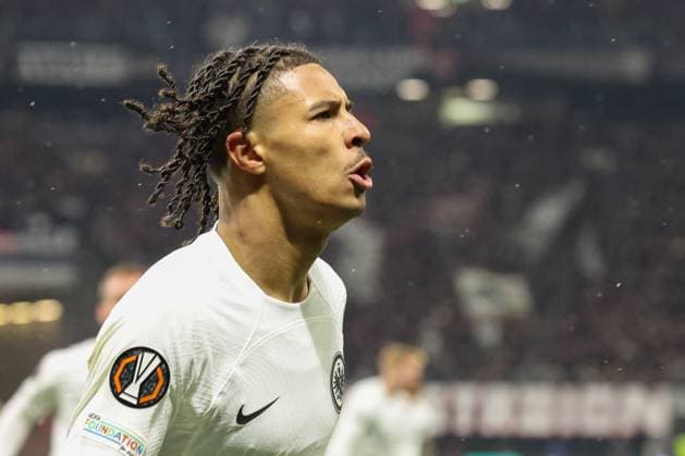 1:0 in der 7. Minute durch Jean-MattÃ o Bahoya (Eintracht Frankfurt 19), Eintracht Frankfurt vs Ajax Amsterdam, Fussball, UEFA Europa League, Achtelfinale, Rueckspiel, 13.03.2025 Frankfurt Hessen Deutschland