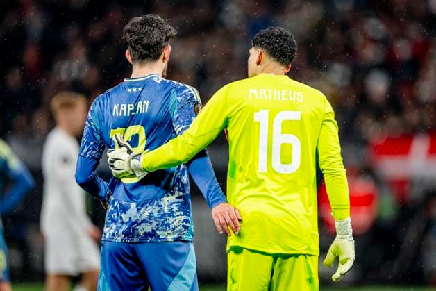 AFC Ajax Amsterdam defender Ahmetcan Kaplan, AFC Ajax Amsterdam goalkeeper Matheus Magalhaes during the match Eintracht - Ajax at the for the UEFA Europa League - Round of 16 - 2st leg season 2024-2025 in FRANKFURT, Germany on 13 march 2025, (photo by Marcel van Dorst EYE4images DeFodi Images)