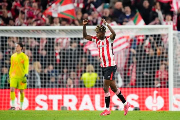 Athletic Club v AS Roma - UEFA Europa League 2024 25 Round of 16 Second Leg Nico Williams left winger of Athletic Club and Spain celebrates after scoring his sides first goal during the UEFA Europa League 2024 25 Round of 16 Second Leg match between Athletic Club and AS Roma at Estadio de San Mames on March 13, 2025 in Bilbao, Spain. Bilbao Basque Country Spain  Copyright: xJosexBretonx originalFilename:bretonhernandez-athletic250313_nppmp.jpg