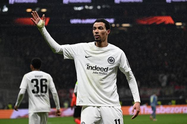 13.03.2025, xjhx, Fussball UEFA Europa League, Eintracht Frankfurt - Ajax Amsterdam v.l. Torjubel nach dem Tor zum celebrating the goal celebrate 3:0 durch Hugo Ekitike (Eintracht Frankfurt) (UEFA REGULATIONS PROHIBIT ANY USE OF PHOTOGRAPHS as IMAGE SEQUENCES and or QUASI-VIDEO) Frankfurt am Main