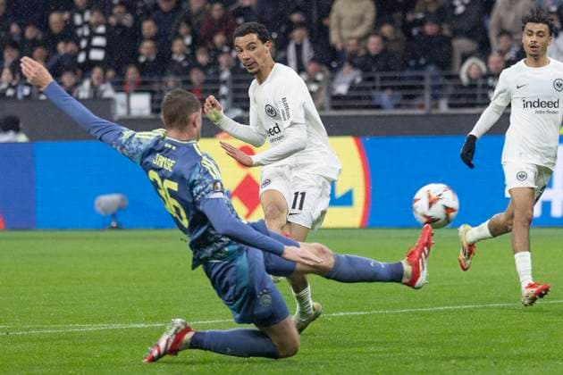 RECORD DATE NOT STATED UEFA Europa League: Eintracht Frankfurt - Ajax Amsterdam, 13.03.2025 Hugo Ekitike (Eintracht Frankfurt 11) nach seinem Schuss, den auch Dies Janse (Ajax Amsterdam 36) nicht mehr blocken kann - Tor Treffer zum 3:0, Eintracht Frankfurt - Ajax Amsterdam, Frankfurt, Deutsche Bank Park, 13.3.2025 Copyright: xBEAUTIFULxSPORTS Gawlikx
