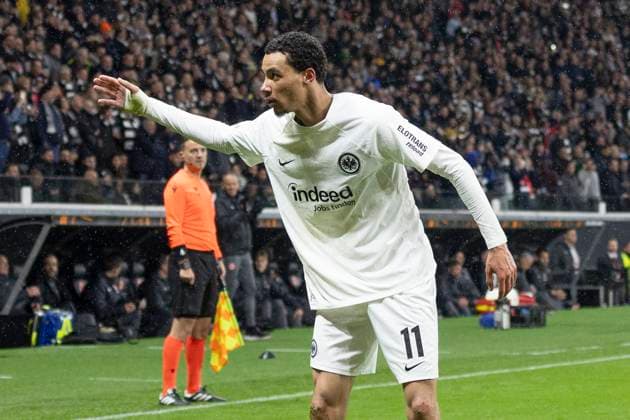 RECORD DATE NOT STATED UEFA Europa League: Eintracht Frankfurt - Ajax Amsterdam, 13.03.2025 Hugo Ekitike (Eintracht Frankfurt 11) vor de nFrankfurter Fans anc hseinem Treffer zum 3:0, Eintracht Frankfurt - Ajax Amsterdam, Frankfurt, Deutsche Bank Park, 13.3.2025 Copyright: xBEAUTIFULxSPORTS Gawlikx