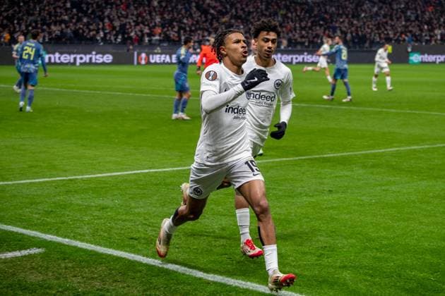 2025.03.13 xJAx UEFA EUROPA LEAGUE Eintracht Frankfurt - AFC Ajax Amsterdam v.l.,Jean-Matteo Bahoya (Eintracht Frankfurt) schiesst das Tor zum 1:0 Torjubel, Goal celebration, celebrate the goal (DFL DFB REGULATIONS PROHIBIT ANY USE OF PHOTOGRAPHS as IMAGE SEQUENCES and or QUASI-VIDEO) Copyright: JoaquimxFerreira