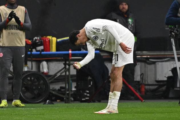 13.03.2025, xpsx, Fussball UEFA Europa League, Eintracht Frankfurt - Ajax Amsterdam v.l. Torjubel nach dem Tor zum celebrating the goal celebrate 3:0 durch Hugo Ekitike (Eintracht Frankfurt) (DFL DFB REGULATIONS PROHIBIT ANY USE OF PHOTOGRAPHS as IMAGE SEQUENCES and or QUASI-VIDEO) Frankfurt