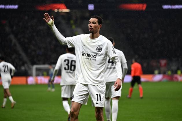 Fußball UEFA Europa League Achtelfinale Eintracht Frankfurt - Ajax Amsterdam am 13.03.2025 im Deutsche Bank Park in Frankfurt Torjubel zum 3:0 durch Hugo Ekitike ( Frankfurt )