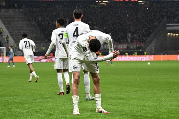 13.03.2025, xjhx, Fussball UEFA Europa League, Eintracht Frankfurt - Ajax Amsterdam v.l. Torjubel nach dem Tor zum celebrating the goal celebrate 3:0 durch Hugo Ekitike (Eintracht Frankfurt) (UEFA REGULATIONS PROHIBIT ANY USE OF PHOTOGRAPHS as IMAGE SEQUENCES and or QUASI-VIDEO) Frankfurt am Main