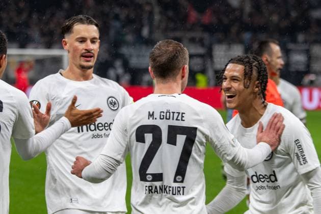 2025.03.13 xJAx UEFA EUROPA LEAGUE Eintracht Frankfurt - AFC Ajax Amsterdam v.l., Robin Koch (Eintracht Frankfurt), Mario Götze (Eintracht Frankfurt), Jean-Matteo Bahoya (Eintracht Frankfurt) Torjubel, Goal celebration, celebrate the goal (DFL DFB REGULATIONS PROHIBIT ANY USE OF PHOTOGRAPHS as IMAGE SEQUENCES and or QUASI-VIDEO) Copyright: JoaquimxFerreira