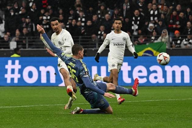 13.03.2025, xjhx, Fussball UEFA Europa League, Eintracht Frankfurt - Ajax Amsterdam v.l. Hugo Ekitike (Eintracht Frankfurt) Torschuetze, erzielt das Tor, Treffer, scores the goal 3:0 (UEFA REGULATIONS PROHIBIT ANY USE OF PHOTOGRAPHS as IMAGE SEQUENCES and or QUASI-VIDEO) Frankfurt am Main