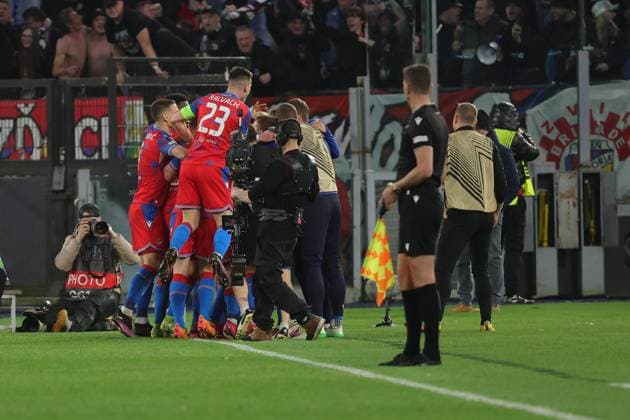 13th March 2025, Stadio Olimpico, Rome, Italy; UEFA Europa League Last 16, Second Leg, Football; Lazio versus Viktoria Plzen; Pavel Sulc of Viktoria Plzen celebrates after scoring the goal in the 52nd minute for 0-1  ActionPlus12759784 EmanuelexPennacchio