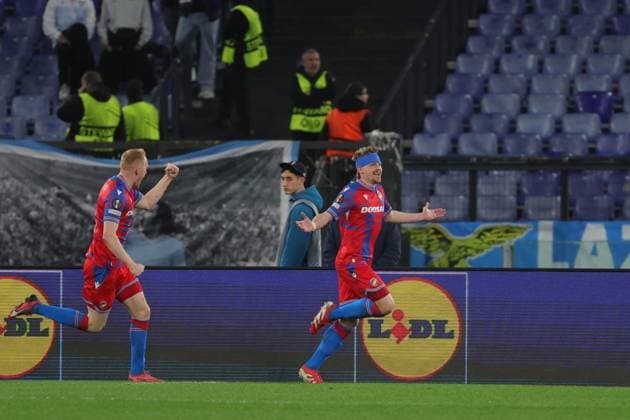 13th March 2025, Stadio Olimpico, Rome, Italy; UEFA Europa League Last 16, Second Leg, Football; Lazio versus Viktoria Plzen; Pavel Sulc of Viktoria Plzen celebrates after scoring the goal in the 52nd minute for 0-1  ActionPlus12759793 EmanuelexPennacchio