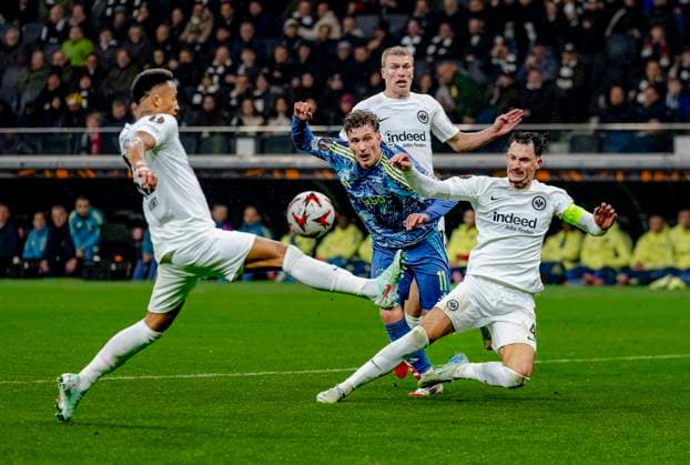 AFC Ajax Amsterdam forwarder Mika Godts, Eintracht Frankfurt defender Robin Koch during the match Eintracht - Ajax at the for the UEFA Europa League - Round of 16 - 2st leg season 2024-2025 in FRANKFURT, Germany on 13 march 2025, (photo by Marcel van Dorst EYE4images DeFodi Images)